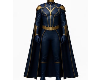 Handmade Blue and Gold Superhero Cosplay Suit with Cape, Custom Movie Quality Leather Armor, Comic Book Hero Costume, Gift for Him