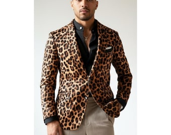 Blazer de cuero con estampado de leopardo de lujo para hombre, chaqueta de traje entallada hecha a mano con estampado animal, elegante traje de fiesta de noche estilo rockstar, regalo para él.