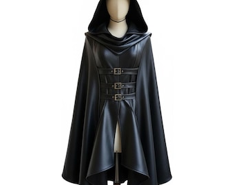 Robe à capuche en cuir Assassin pour femme, robe de voyou en cuir véritable noir, armure gothique fantastique en cuir d'agneau, tenue GN, cadeau pour elle