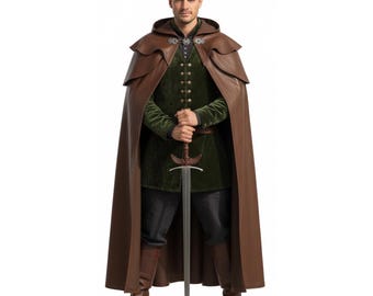 Medieval Ranger Leather Cloak, Brown Genuine Leather Hooded Cape, Lambskin Leather Renaissance Traveler Robe, LARP Costume, Gift for Him