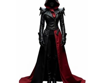Gabardina de cuero con capucha hecha a mano, armadura gótica medieval de asesino, abrigo largo steampunk negro y rojo, chaqueta de cosplay de fantasía, regalo para ella.