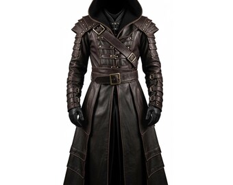 Medieval Hooded Assassin Trench Coat, Genuine Leather Steampunk Long Jacket, Handmade Lambskin Leather Gothic Cosplay Cloak, Gift for Him