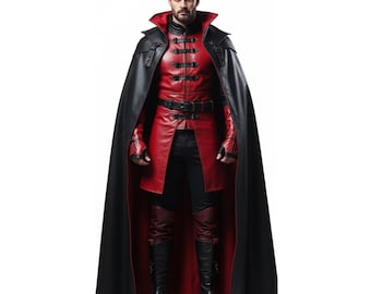 Cape en cuir noir pour homme faite main avec gilet rouge, costume cosplay vampire gothique, cape à capuche fantaisie, cadeau d'Halloween de luxe pour lui