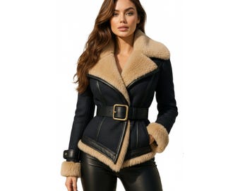 Veste en peau de mouton retournée et cuir d'agneau véritable, manteau d'hiver de luxe avec ceinture pour femme, bordure en fourrure, vêtement aviateur de créateur élégant, cadeau pour elle