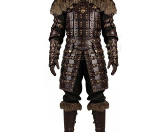 Gilet long en cuir viking pour homme, armure de guerrier nordique en cuir véritable marron avec fourrure, costume de jarl médiéval en cuir d'agneau, cadeau pour lui