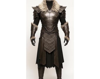 Armadura de cuero de caballero medieval, chaleco de combate de cuero genuino con cuello de piel, piel de cordero hecha a mano, disfraz de guerrero de fantasía, regalo para él