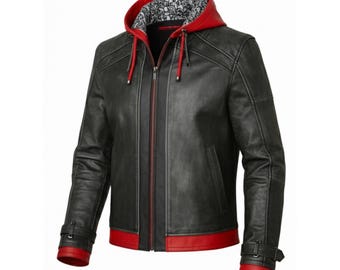 Red Hood Leather Jacket, Superhero Cosplay Costume with Hood, Black and Red Biker Style Jacket, Real Leather Comic Outfit, Gift for Him
