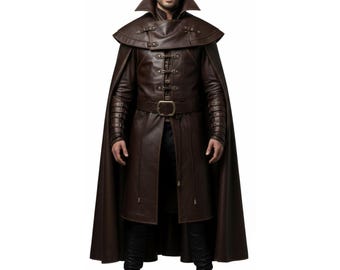 Trench-coat en cuir chasseur de vampires avec cape, veste d'aristocrate gothique en cuir véritable, Van Helsing en cuir d'agneau fait main, cadeau pour lui