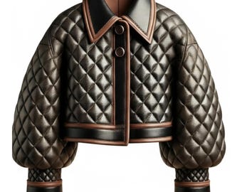 Chaqueta bomber de cuero acolchada hecha a mano, mangas farol con puntadas de diamante de lujo, chaqueta acolchada marrón de diseñador, ropa de calle elegante de gran tamaño, regalo para ella.