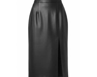 High Waisted Genuine Lambskin Leather Pencil Skirt, Classic Black Midi Leather Skirt with Slit, Elegant Formal Office Wear, Gift for Her