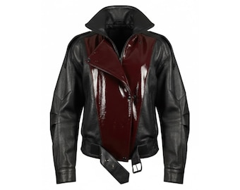 Chaqueta de cuero cyberpunk hecha a mano, abrigo de motociclista retro de los 80, ropa de calle de charol negro y granate, chaqueta acolchada futurista, regalo para él.