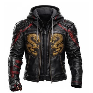Könnte beinhalten: Schwarze Lederjacke mit Kapuze, mit goldener Drachenstickerei auf der Brust. Rote Akzente an Schultern und Ärmeln. Die Jacke hat einen Reißverschluss vorne und ein graues Kapuzenfutter.