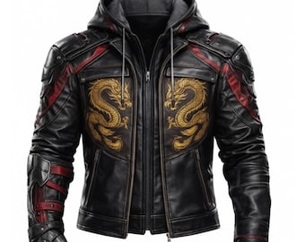 Chaqueta bomber de cuero negro con dragón hecha a mano, sudadera táctica con capucha y bordado dorado, ropa de calle motera con detalle de armadura roja, regalo para él.