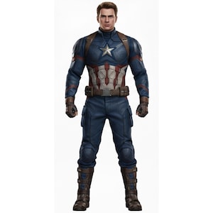 May include: A full-body shot of a person in a Captain America costume. The costume is primarily blue with a white star on the chest and red and white stripes. Brown leather straps and gloves are visible, along with brown boots. The person is standing against a white background.