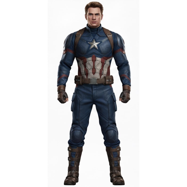 May include: A full-body shot of a person in a Captain America costume. The costume is primarily blue with a white star on the chest and red and white stripes. Brown leather straps and gloves are visible, along with brown boots. The person is standing against a white background.