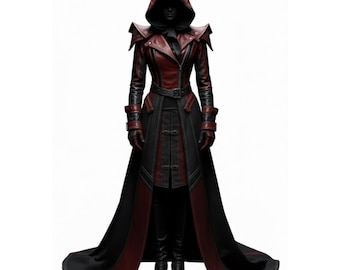 Vestido de gabardina de cuero gótico con capucha hecho a mano, chaqueta larga de fantasía con detalle de armadura burdeos, abrigo steampunk de lujo, regalo para ella.