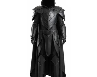 Armure en cuir de chevalier noir pour homme, costume de guerrier fantastique en cuir véritable noir, ensemble de cape cosplay médiévale en cuir d'agneau, cadeau pour lui