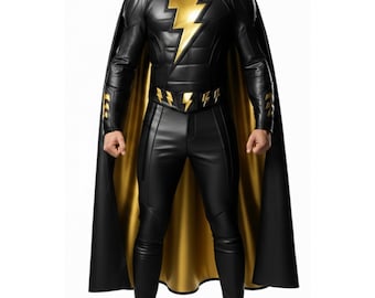 Handmade Genuine Lambskin Leather Black Adam Suit, Superhero Movie Cosplay Bodysuit with Cape, Luxury Bolt Warrior Outfit, Gift for Him