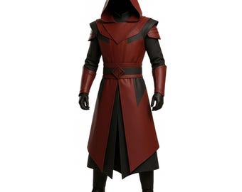 Red Mage Sorcerer Robe, Genuine Leather Sheepskin Hooded Tunic, Fantasy Wizard Cosplay Costume, Handmade Medieval Larp Gear Gift for him
