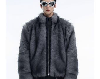 Chaqueta de piel de oveja de lujo gris carbón con cremallera para hombre, abrigo de invierno de piel de oveja hecho a mano, chaqueta de felpa estilo zorro plateado Techwear, regalo para él