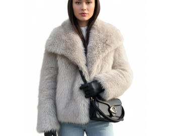 Chaqueta de piel sintética color crema de lujo para mujer - Elegante bolero de novia para invierno - Abrigo de piel sintética de zorro suave y afelpado - Acogedor chal para fiesta de noche - Regalo para ella