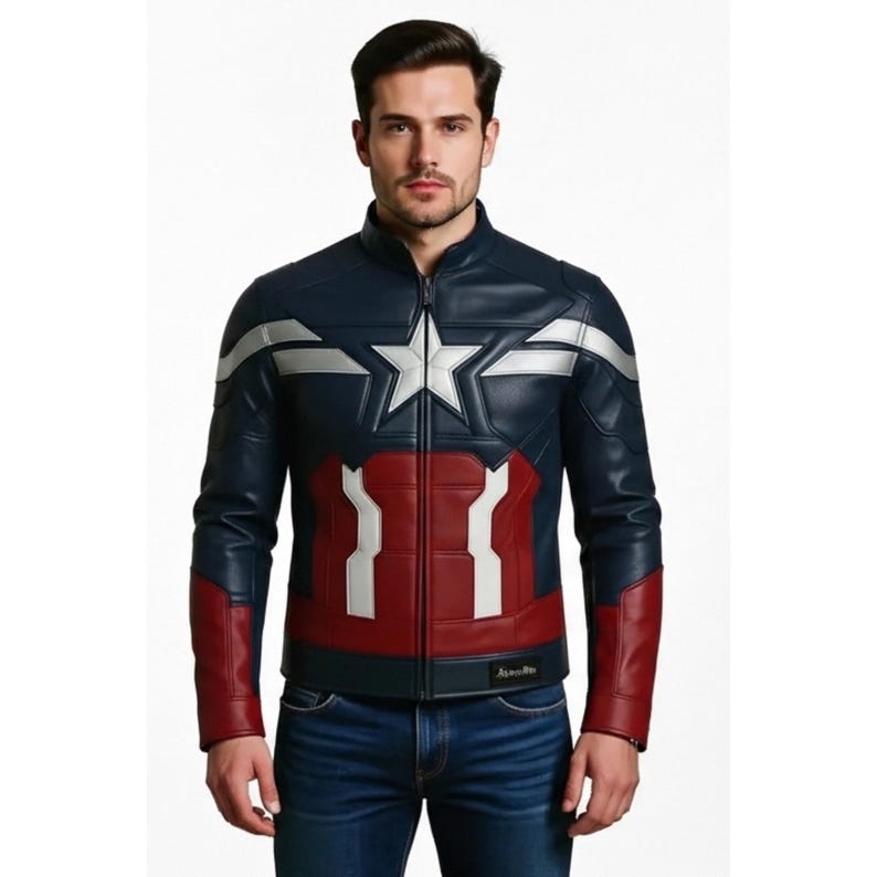 May include: A navy blue leather jacket featuring a silver star and stripe design on the chest and shoulders. The jacket has red accents on the lower front and sleeves, and a zip-up front.