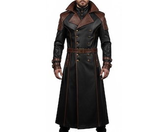 Military Leather Trench Coat, Genuine Leather Sheepskin Long Jacket, Steampunk Gothic Overcoat, Handmade Winter Cosplay Outfit Gift for him