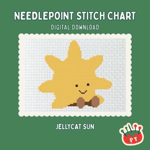 May include: Needlepoint stitch chart digital download featuring a yellow sun with a smiling face and brown bow tie. The design is on a white background with a scalloped border, set against a green backdrop. The text "Jellycat Sun" is below the image.
