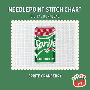 May include: A digital needlepoint stitch chart featuring a pixelated Sprite Cranberry can design. The can is green with white and red accents, and the text "Sprite Cranberry" is visible. The chart is set against a white background with a decorative border.