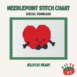 May include: A digital download needlepoint stitch chart featuring a red heart with black accents and a smiling face. The design is set against a white background with a green scalloped border. Text includes "Needlepoint Stitch Chart" and "Jellycat Heart."
