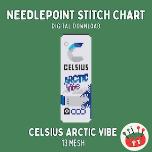 May include: A digital needlepoint stitch chart featuring a pixelated design of a Celsius Arctic Vibe energy drink can. The can is white with blue accents and the text "Celsius Arctic Vibe" and "13 Mesh". The background is a solid green.
