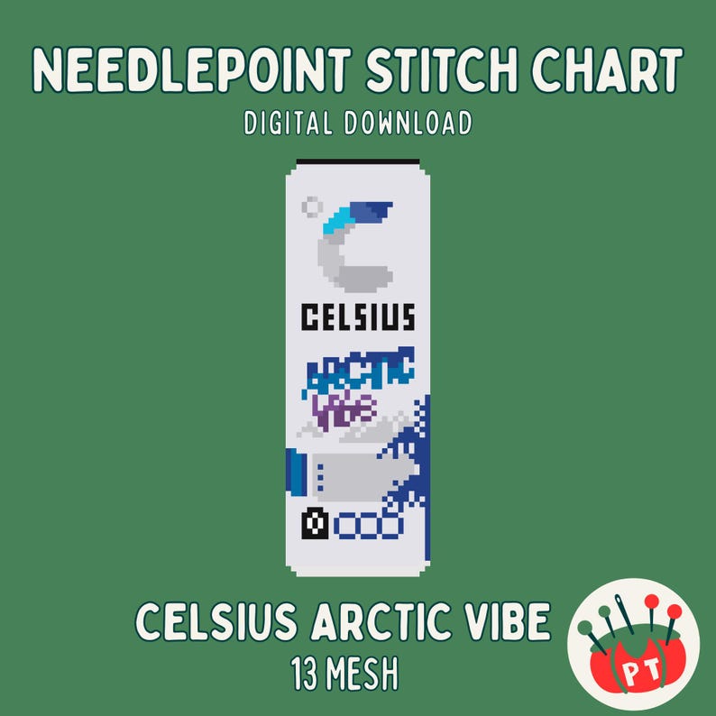 May include: A digital needlepoint stitch chart featuring a pixelated design of a Celsius Arctic Vibe energy drink can. The can is white with blue accents and the text "Celsius Arctic Vibe" and "13 Mesh". The background is a solid green.