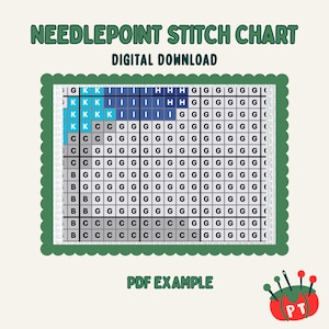 May include: A digital needlepoint stitch chart with a green border. The chart features a grid with letters and color-coded blocks in shades of blue, green, and white. Text includes "NEEDLEPOINT STITCH CHART," "DIGITAL DOWNLOAD," and "PDF EXAMPLE."