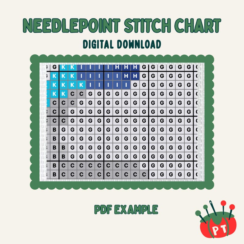 May include: A digital needlepoint stitch chart with a green border. The chart features a grid with letters and color-coded blocks in shades of blue, green, and white. Text includes "NEEDLEPOINT STITCH CHART," "DIGITAL DOWNLOAD," and "PDF EXAMPLE."