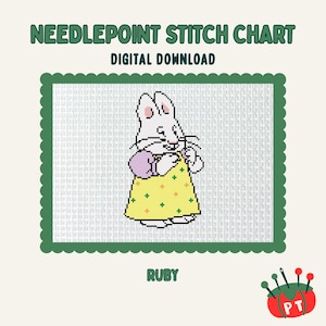 May include: Digital needlepoint stitch chart featuring a cartoon rabbit in a yellow dress with green cross accents. The chart is labelled "Needlepoint Stitch Chart" and "Digital Download". The rabbit is holding a needle and thread. The name "Ruby" is at the bottom.