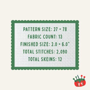 May include: A green-edged white rectangle with text detailing cross-stitch pattern specifications. The text includes pattern size, fabric count, finished size (2.0 - 6.0 inches), total stitches, and total skeins. A small pin cushion with needles is in the bottom right corner.