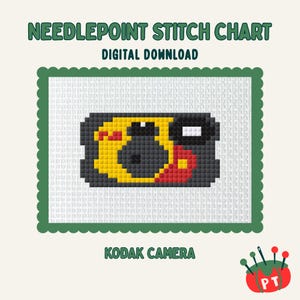 Puede incluir: Descarga digital de un gráfico de punto de cruz con un diseño de cámara Kodak pixelada. La cámara es amarilla, negra y roja, sobre un fondo blanco con un borde verde festoneado. El texto incluye "Needlepoint Stitch Chart", "Digital Download" y "Kodak Camera".