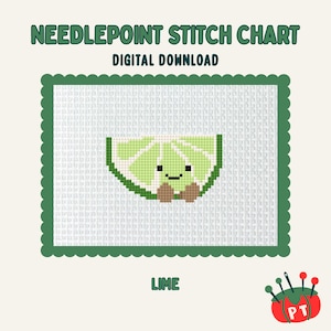 Könnte beinhalten: Ein digitaler Download-Nadelstich-Chart mit einer Limettenscheibe mit einem lächelnden Gesicht und einer Fliege. Der Chart befindet sich vor einem weißen Hintergrund mit einem grünen, geschwungenen Rand. Der Text enthält "Needlepoint Stitch Chart", "Digital Download" und "Lime".