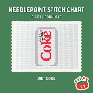 Può includere: Un diagramma di punto croce digitale con un design di lattina di Diet Coke. La lattina è bianca con scritte rosse e un logo nero. Il testo "Needlepoint Stitch Chart" e "Digital Download" è in alto. Le parole "Diet Coke" sono in basso.