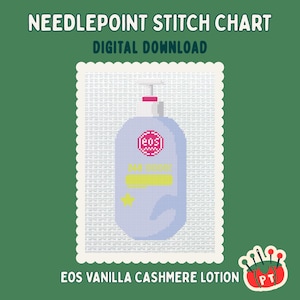 Könnte beinhalten: Ein digitales Kreuzstichmuster mit einem pixeligen Bild einer EOS Vanilla Cashmere Lotionflasche. Die hellblaue Flasche hat ein rosa-weißes Logo und gelbe Akzente. Der Text "Needlepoint Stitch Chart" und "Digital Download" befindet sich oben.