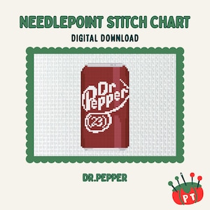 May include: Digital download needlepoint stitch chart. The design features a pixelated image of a Dr. Pepper can. The can is a deep red colour with the Dr. Pepper logo in white. The design is set against a white background with a green scalloped border.