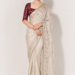 Beige Sequins Embroidered Saree | Soft Jimmy Choo Saree for Wedding Party | Indian Designer Saree For USA Womens