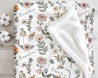 Personalized Wildflower Baby Blanket, Custom Name Baby Shower Gift, Newborn Blanket for Girl, Flower Nursery Decor