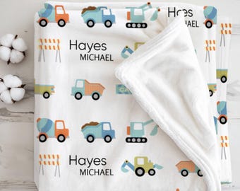 Personalized Construction Blanket for Kids, Custom Name Truck Blanket, Construction Vehicle Gift for Toddler, Truck Nursery Decor