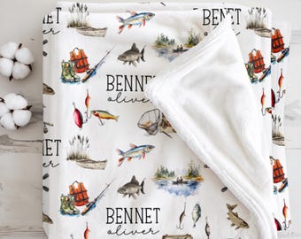 Personalized Fishing Baby Blanket, Custom Name Baby Shower Gift, Newborn Blanket for Boy or Girl, Fish Nursery Decor