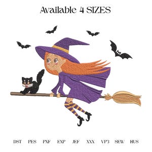 Little Witch on Broom Embroidery Design, Silhouette Flying Over Pumpkin Patch, 4Sizes, Instant Download dst, pes, exp, jep, vp3