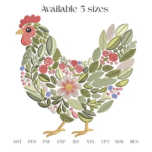 May include: An embroidered hen design, made up of leaves, flowers, and berries in green, pink, and blue. The text "Available 5 sizes" is at the top. The design includes the file types: DST, PES, PXF, EXP, JEF, XXX, VP3, SEW, HUS.
