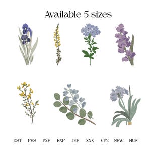 May include: An illustration of six different floral designs in various colors, including purple, yellow, and blue. The text "Available 5 sizes" is at the top, and embroidery file formats are listed at the bottom.