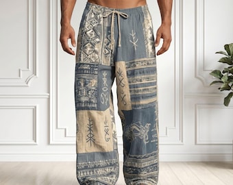 Men's Boho Patchwork Harem Pants, Ethnic Tribal Print Lounge Trousers