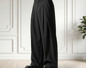 Schwarze Faltenhose mit weitem Bein, übergroße maßgeschneiderte Anzughose, altes Geld Streetwear